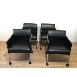 4 Fauteuils Rosenthal Métal Laqué Cuir sur Roulettes, 1970 | Maison BARROIS