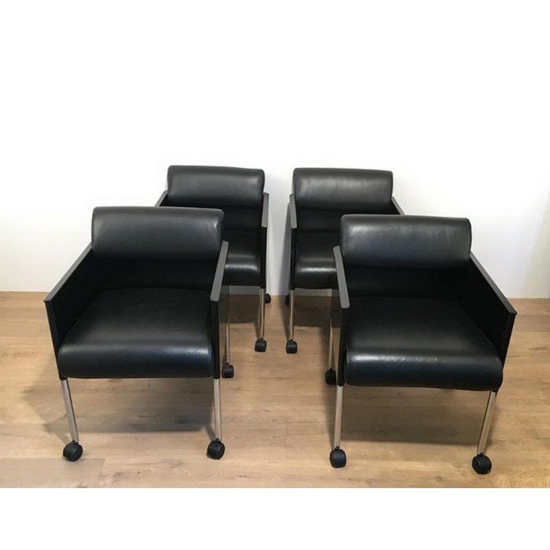 4 Fauteuils Rosenthal Métal Laqué Cuir sur Roulettes, 1970 | Maison BARROIS