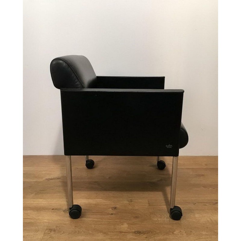 4 Rosenthal Black Lacquer Leather Armchairs on Casters, 1970 | Maison BARROIS