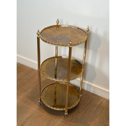 Sellette Ronde en Laiton Argenté à Triple Plateaux de Miroirs Eglomisés de la Maison Jansen