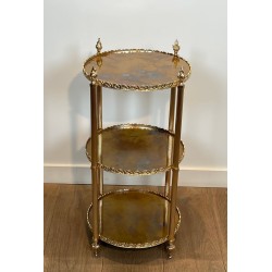 Sellette Ronde en Laiton Argenté à Triple Plateaux de Miroirs Eglomisés de la Maison Jansen