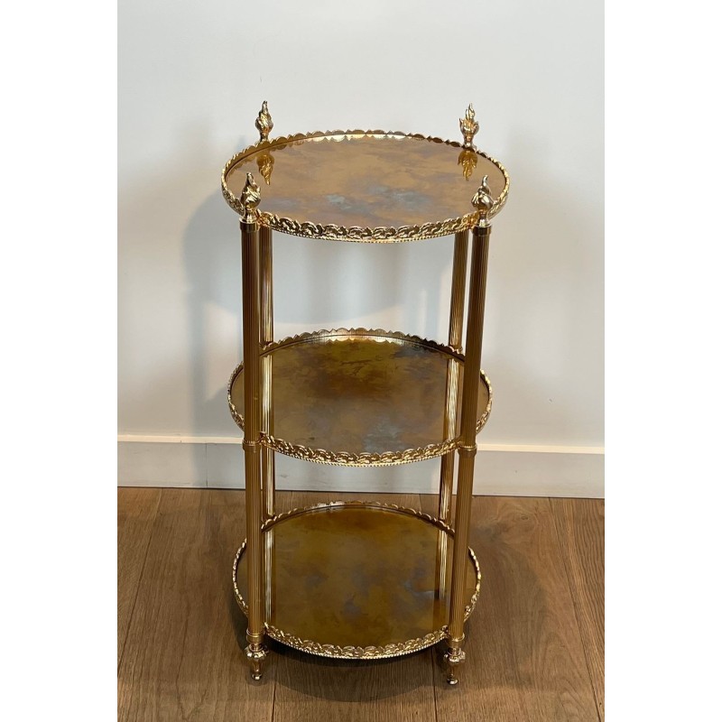 Sellette Ronde en Laiton Argenté à Triple Plateaux de Miroirs Eglomisés de la Maison Jansen