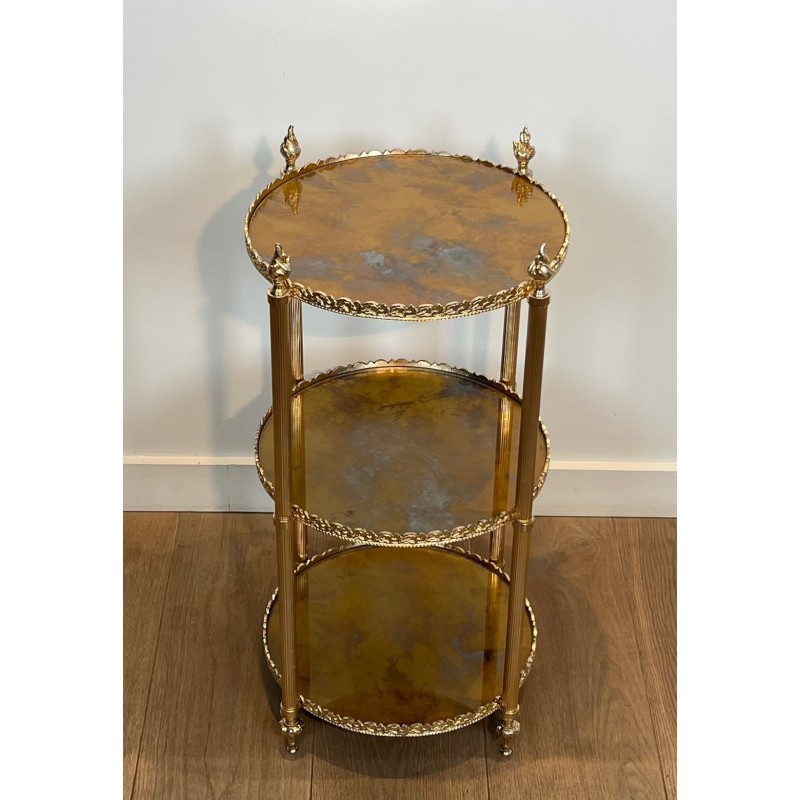 Sellette Ronde en Laiton Argenté à Triple Plateaux de Miroirs Eglomisés de la Maison Jansen