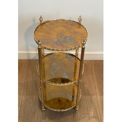 Sellette Ronde en Laiton Argenté à Triple Plateaux de Miroirs Eglomisés de la Maison Jansen