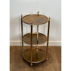 Sellette Ronde en Laiton Argenté à Triple Plateaux de Miroirs Eglomisés de la Maison Jansen