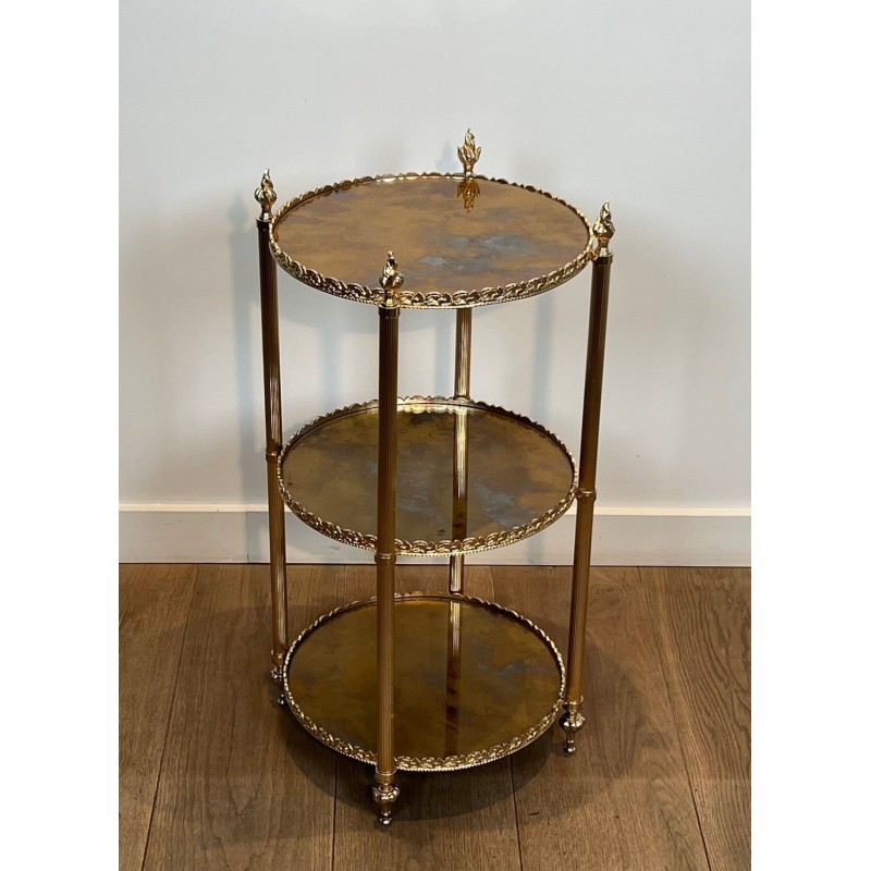 Sellette Ronde en Laiton Argenté à Triple Plateaux de Miroirs Eglomisés de la Maison Jansen