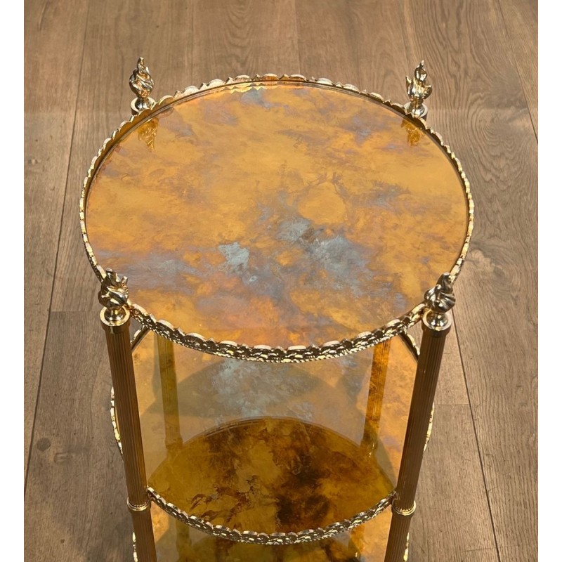 Sellette Ronde en Laiton Argenté à Triple Plateaux de Miroirs Eglomisés de la Maison Jansen