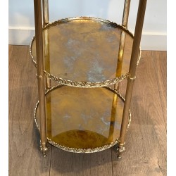 Sellette Ronde en Laiton Argenté à Triple Plateaux de Miroirs Eglomisés de la Maison Jansen