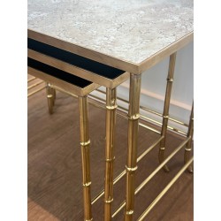 Faux-Bamboo Brass Nesting Tables with Églomisé Mirror Tops, Maison Baguès, circa 1940 | Maison BARROIS