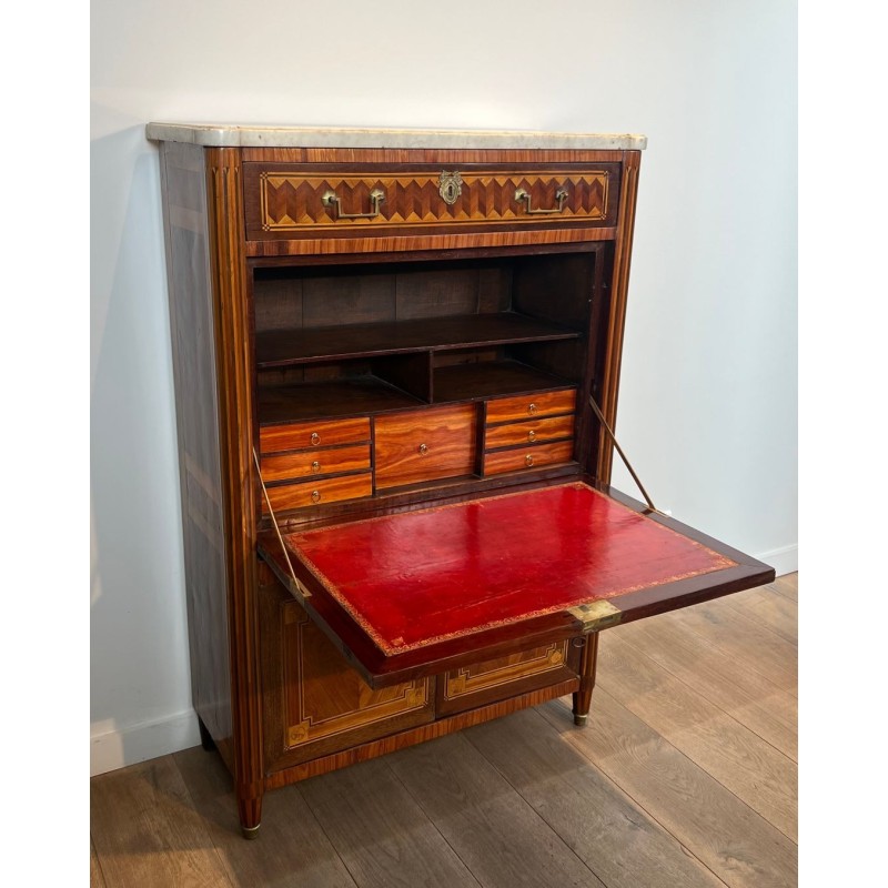 Louis XVI Marquetry Sécrétaire à Abattant, Carrara Marble, French Work, circa 1800 | Maison BARROIS