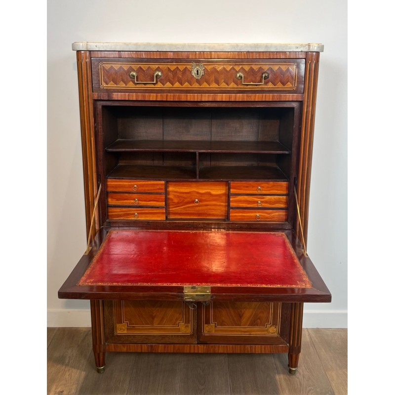 Louis XVI Marquetry Sécrétaire à Abattant, Carrara Marble, French Work, circa 1800 | Maison BARROIS