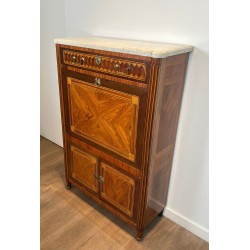 Louis XVI Marquetry Sécrétaire à Abattant, Carrara Marble, French Work, circa 1800 | Maison BARROIS