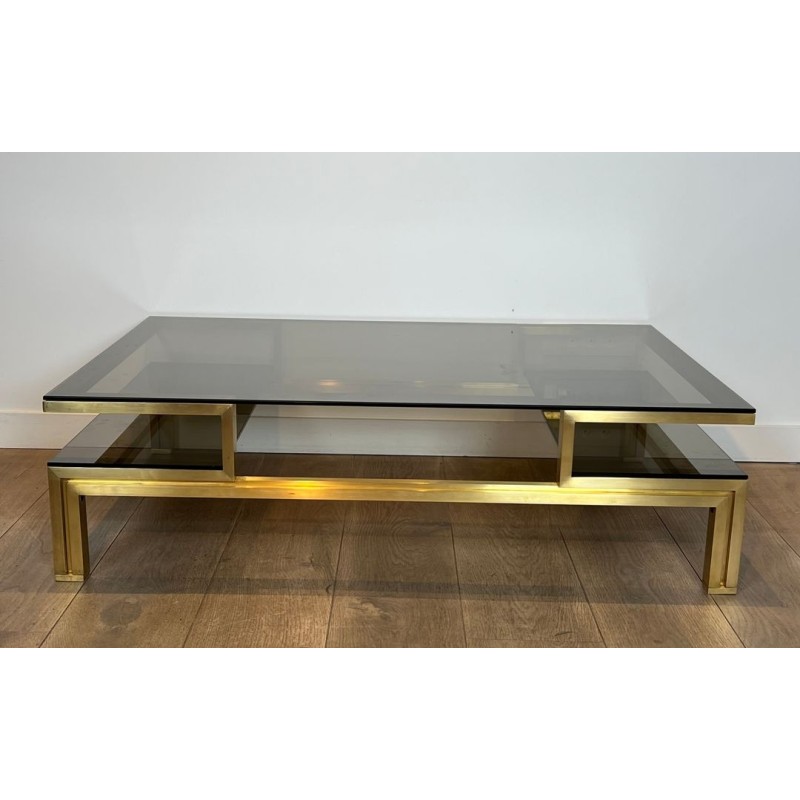 Table Basse Laiton et Verre Fumé, Guy Lefèvre pour Maison Jansen, vers 1970 | Maison BARROIS