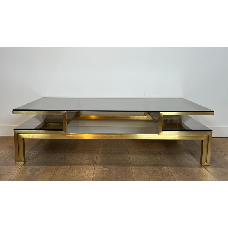 Table Basse Laiton et Verre Fumé, Guy Lefèvre pour Maison Jansen, vers 1970 | Maison BARROIS