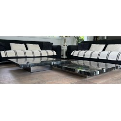 Rare Table Basse Double Faux Marbre sur Chrome, Willy Rizzo, vers 1970 | Maison BARROIS