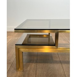 Table Basse Laiton et Verre Fumé, Guy Lefèvre pour Maison Jansen, vers 1970 | Maison BARROIS