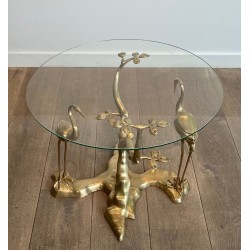Brass Coffee Table with Cranes and Bonsai by Willy Daro, Belgium, circa 1970 | Maison BARROIS