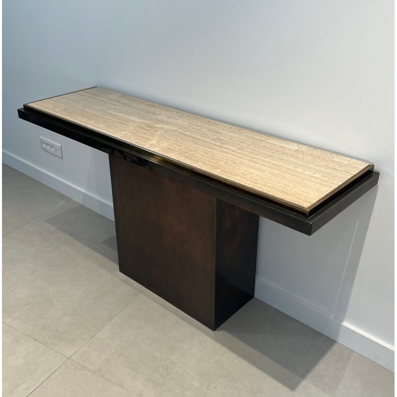 Gun Metal Console with Travertine Top, French Work, circa 1970 | Maison BARROIS