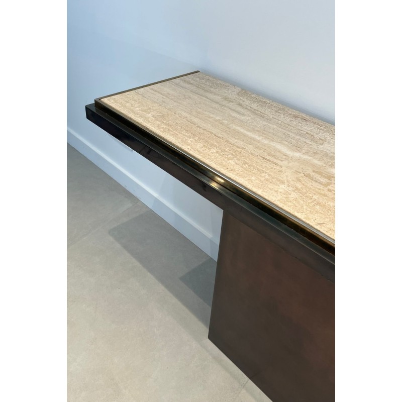 Gun Metal Console with Travertine Top, French Work, circa 1970 | Maison BARROIS