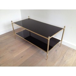Table Basse de Style Néoclassique en Bronze et Laiton à Double Plateaux de Verres Laqués Noirs de la Maison Baguès