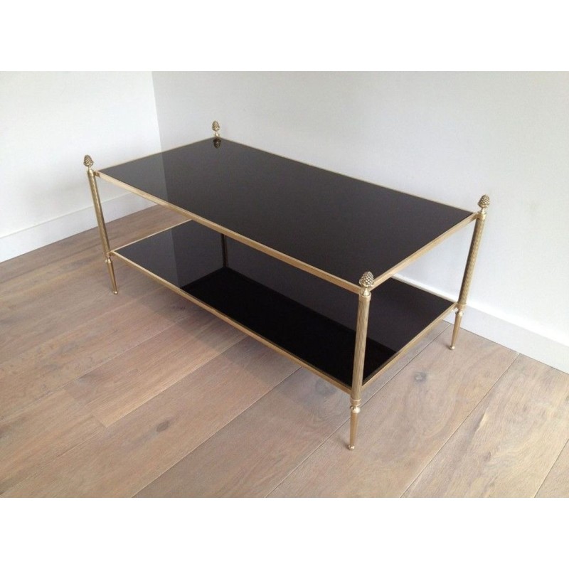 Neoclassical Style 2 Tiers Coffee Table made of Brass and Bronze with Black Lacquered Glass Shelves by Maison Baguès