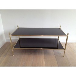Table Basse de Style Néoclassique en Bronze et Laiton à Double Plateaux de Verres Laqués Noirs de la Maison Baguès