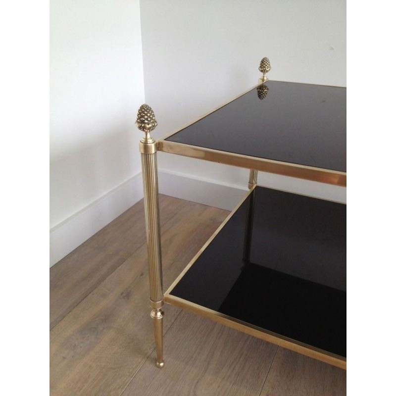 Table Basse de Style Néoclassique en Bronze et Laiton à Double Plateaux de Verres Laqués Noirs de la Maison Baguès