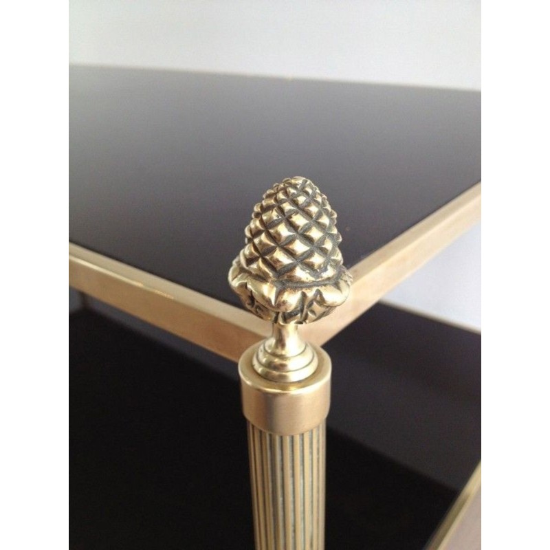 Table Basse de Style Néoclassique en Bronze et Laiton à Double Plateaux de Verres Laqués Noirs de la Maison Baguès