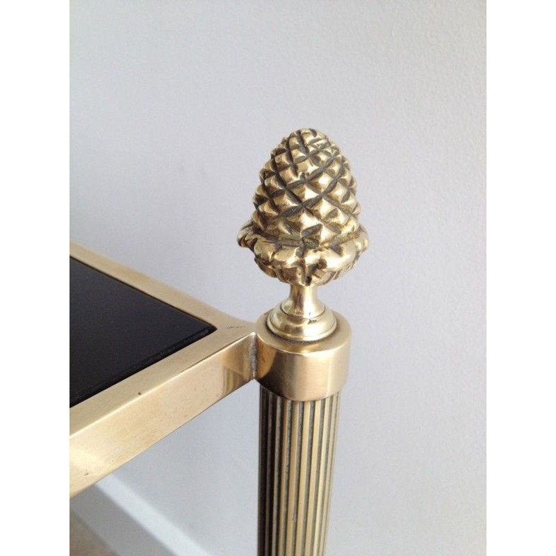 Neoclassical Style 2 Tiers Coffee Table made of Brass and Bronze with Black Lacquered Glass Shelves by Maison Baguès