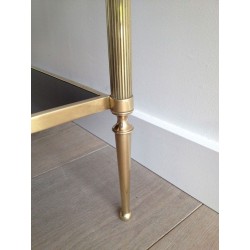 Neoclassical Style 2 Tiers Coffee Table made of Brass and Bronze with Black Lacquered Glass Shelves by Maison Baguès