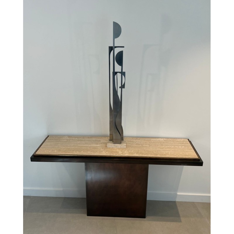Gun Metal Console with Travertine Top, French Work, circa 1970 | Maison BARROIS