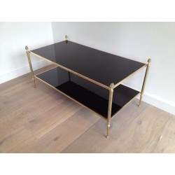 Table Basse de Style Néoclassique en Bronze et Laiton à Double Plateaux de Verres Laqués Noirs de la Maison Baguès