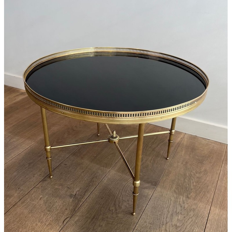 Table Basse Ronde Art Déco Laiton et Verre Noir, Maison Jansen, vers 1940 | Maison BARROIS