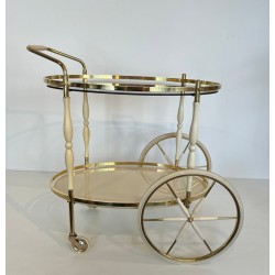 Art Déco Oval Brass and Eggshell Lacquered Wood Drinks Trolley, Italy, circa 1940 | Maison BARROIS