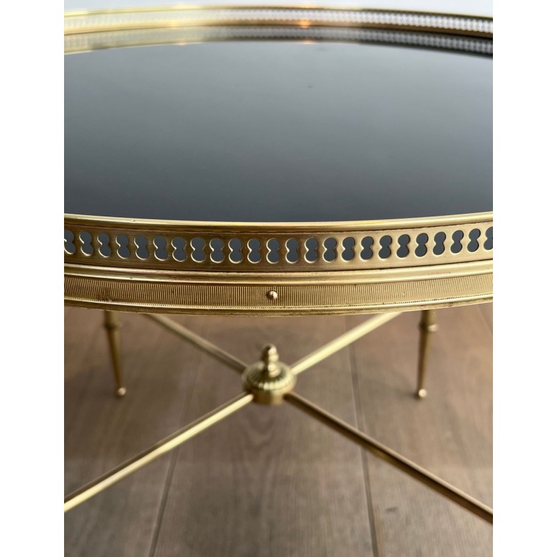 Art Déco Round Brass Coffee Table, Black Glass Top, Maison Jansen, circa 1940 | Maison BARROIS