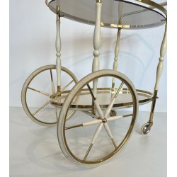 Art Déco Oval Brass and Eggshell Lacquered Wood Drinks Trolley, Italy, circa 1940 | Maison BARROIS