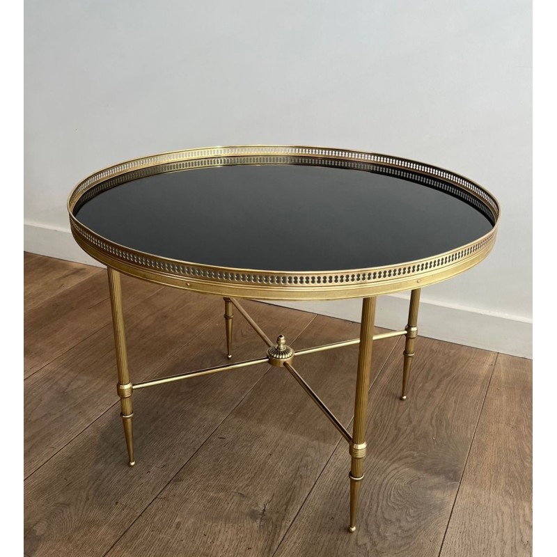 Table Basse Ronde Art Déco Laiton et Verre Noir, Maison Jansen, vers 1940 | Maison BARROIS