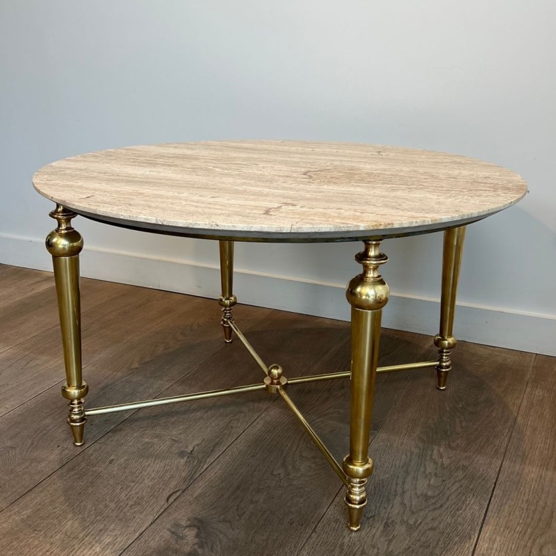 Brass Coffee Table with White Marble Top, Style of Maison Ramsay, France, circa 1970 | Maison BARROIS