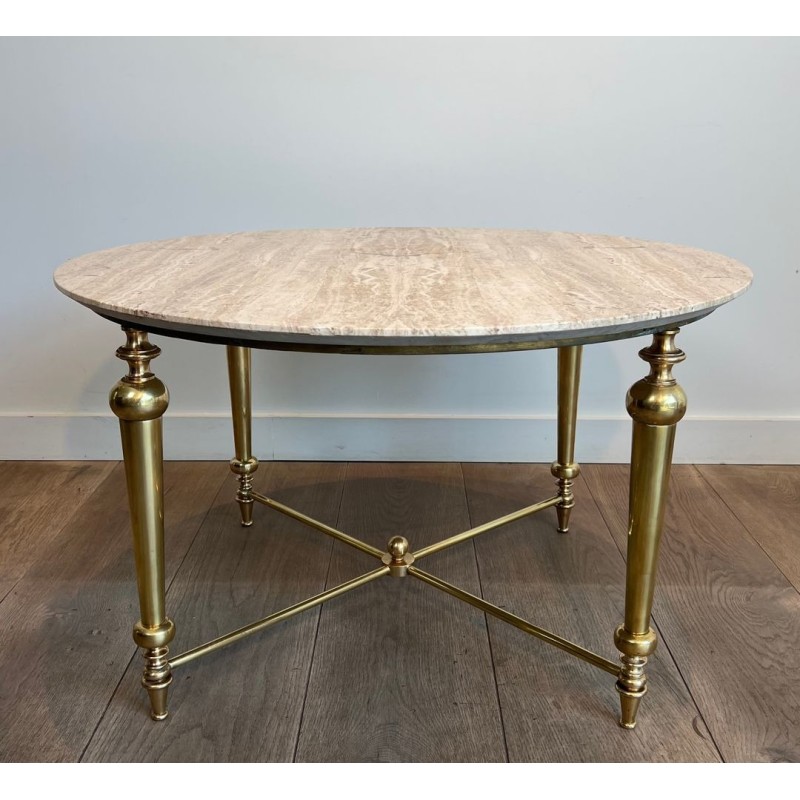 Brass Coffee Table with White Marble Top, Style of Maison Ramsay, France, circa 1970 | Maison BARROIS