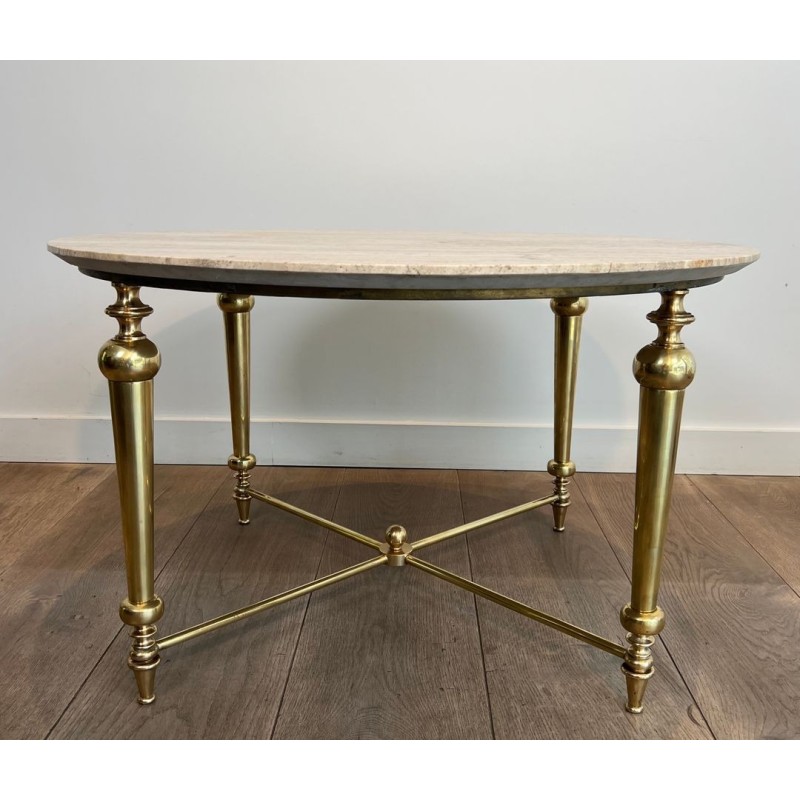 Table Basse Laiton et Marbre Blanc, Dans le Goût de la Maison Ramsay, vers 1970 | Maison BARROIS