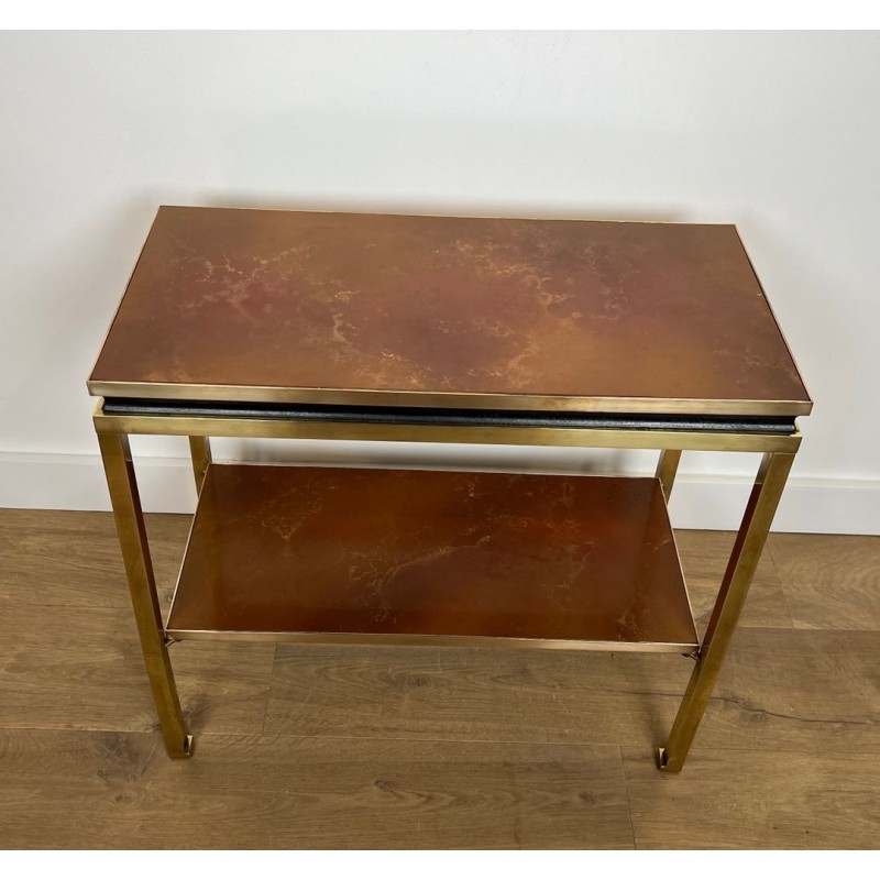 Brass and Black Lacquered Metal Side Table, Amber Celluloid, Guy Lefèvre, Jansen, circa 1970 | Maison BARROIS