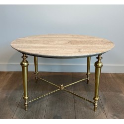 Table Basse Laiton et Marbre Blanc, Dans le Goût de la Maison Ramsay, vers 1970 | Maison BARROIS