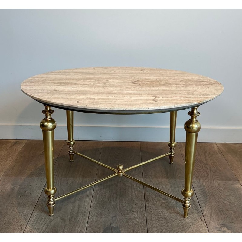 Brass Coffee Table with White Marble Top, Style of Maison Ramsay, France, circa 1970 | Maison BARROIS