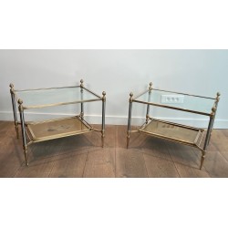 Pair of Neoclassical Steel and Brass Side Tables, Glass and Églomisé, Maison Jansen, 1940 | Maison BARROIS