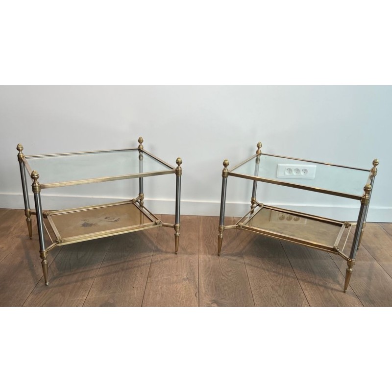 Pair of Neoclassical Steel and Brass Side Tables, Glass and Églomisé, Maison Jansen, 1940 | Maison BARROIS
