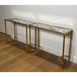 Paire de Bouts de Canapé en Laiton à Plateaux de Miroirs Antiques de la Maison Baguès