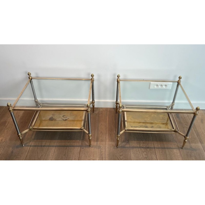 Pair of Neoclassical Steel and Brass Side Tables, Glass and Églomisé, Maison Jansen, 1940 | Maison BARROIS