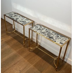 Paire de Bouts de Canapé en Laiton à Plateaux de Miroirs Antiques de la Maison Baguès