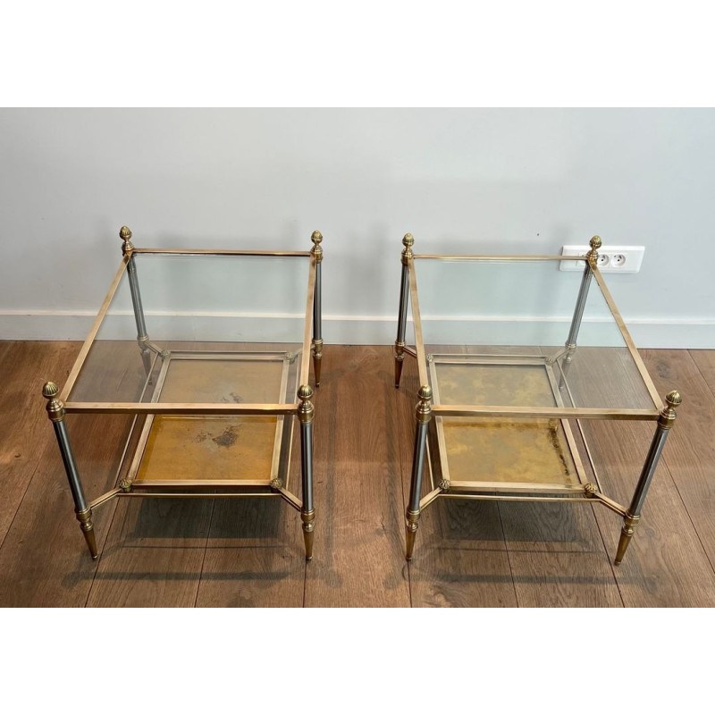Pair of Neoclassical Steel and Brass Side Tables, Glass and Églomisé, Maison Jansen, 1940 | Maison BARROIS