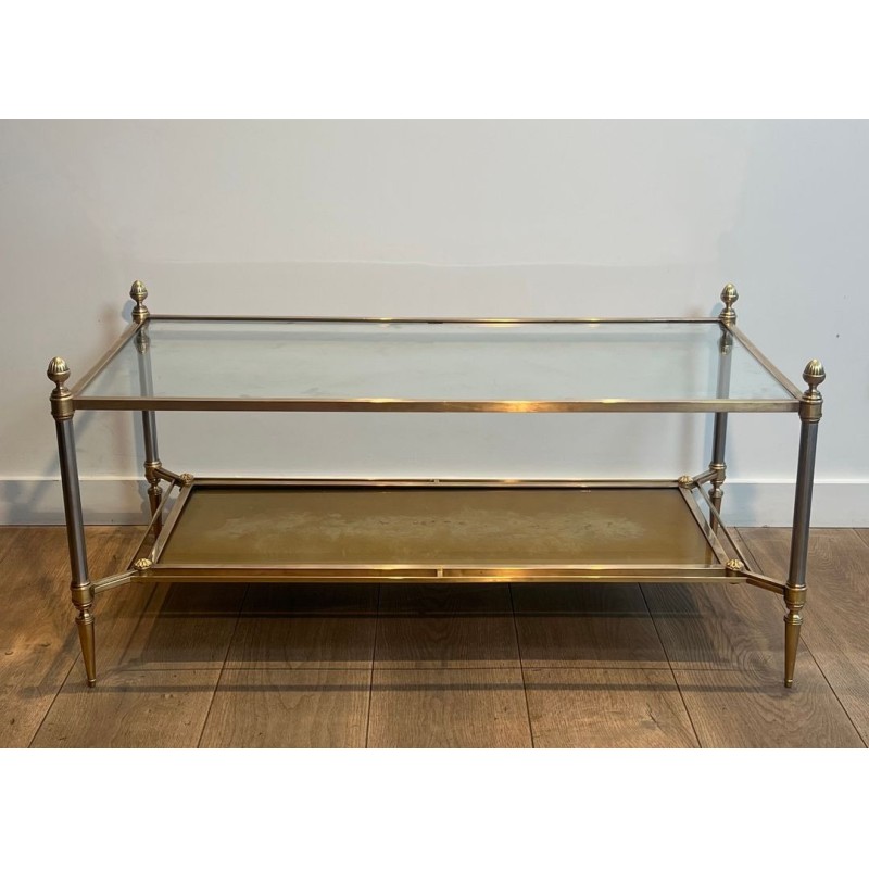 Neoclassical Brass and Brushed Steel Coffee Table, Glass and Églomisé Mirror, Maison Jansen, 1940 | Maison BARROIS